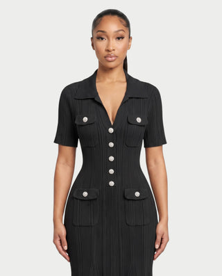 TINLEY Collared Button-Front Ribbed Knit Pocket Maxi Dress
