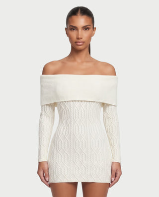 COLLIER Fold-Over Bardot Neck Knit Mini Dress