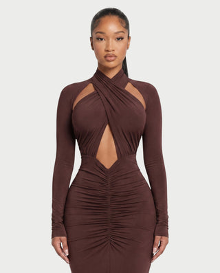 AVILINA Cross-Halter Ruched Bodycon Maxi Dress