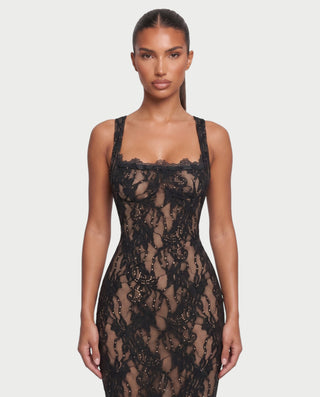 NARYAN Sheer Floral Lace Square-Neck Tank Bodycon Maxi Dress