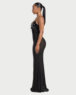KYLAR Faux Leather Lace-Up Deep V Mesh Maxi Dress