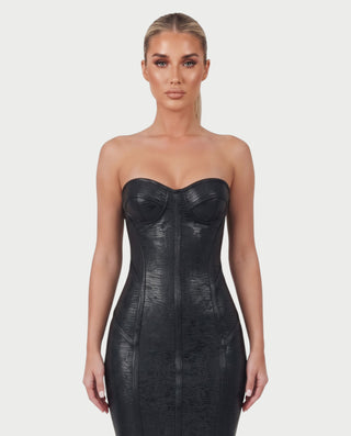 CATLYN Strapless Bustier Corset Metallic Bodycon Midi Dress