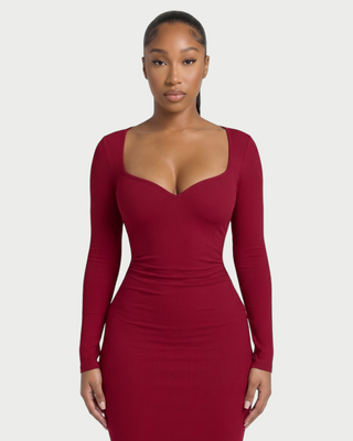 CORA Ribbed Knit Sweetheart Square Neck Midi Dress