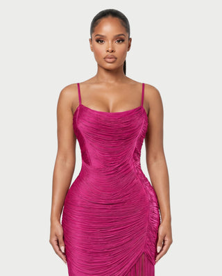 HARMINA Spaghetti Strap Fringe Tassel Bodycon Maxi Dress