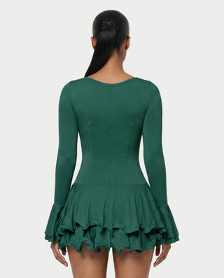 NADIA V-Neck Asymmetric Long Sleeve Ruffle Mini Dress