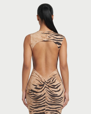 ALMARA Zebra Ruched Open-Back Bodycon Maxi Dress