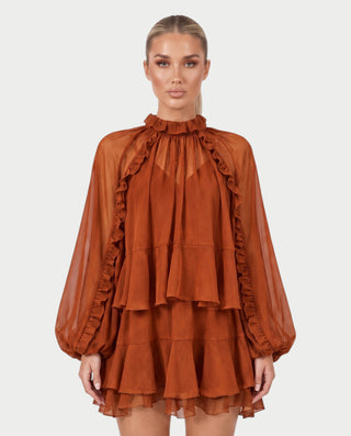 NAVIA Ruffle Mock Neck Long Sleeve Mini Dress