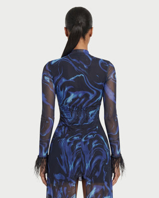 AVALIE Abstract Print Mesh Keyhole High-Low Maxi Dress