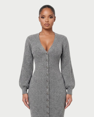 KIVA V-Neck Ribbed Knit Balloon Sleeve Maxi Dress