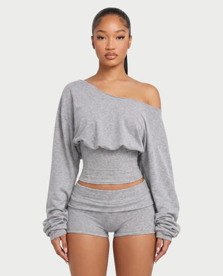 LIRABEL One-Shoulder Long Sleeve Top & Mini Shorts Set