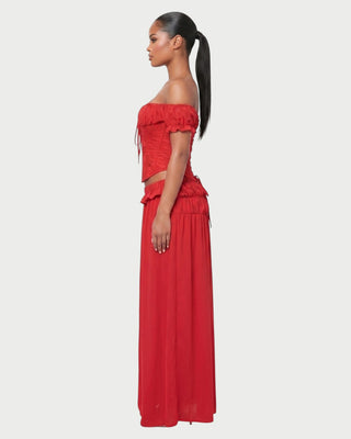 VACY Lace Corset Off-Shoulder Top & Sheer Maxi Skirt Set