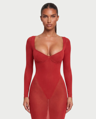 AZIE Sweetheart Bustier Sheer Long-Sleeve Bodycon Maxi Dress
