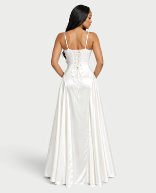 EMMELINE Plunging V-Neck Satin A-Line Maxi Dress