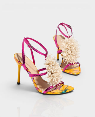 STELLIA Fluffy Floral Ankle Strap Stiletto Heels
