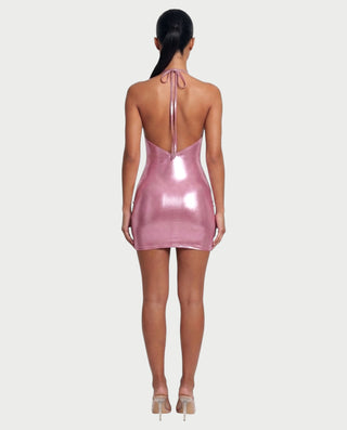CLARICE Plunging Halter Metallic Mini Dress