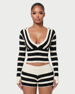 BEVERLY Striped Hooded V-Neck Knit Top & Shorts Set