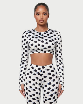 PELINE Polka Dot Long-Sleeve Crop Top & Capri Pants Set