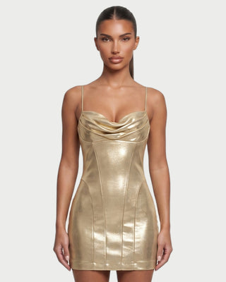 LIVRA Metallic Cowl Neck Mini Dress