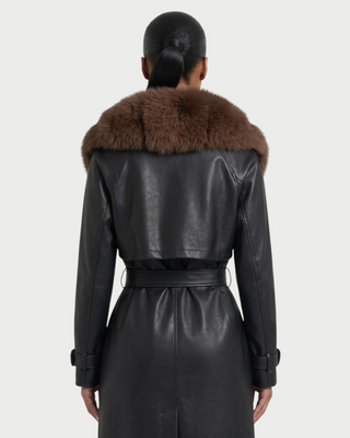 RUSILLA Faux Leather Fur Collar Belted Trench Coat