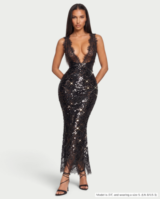 PELLA Plunging V-Neck Sequin Floral Lace Maxi Dress