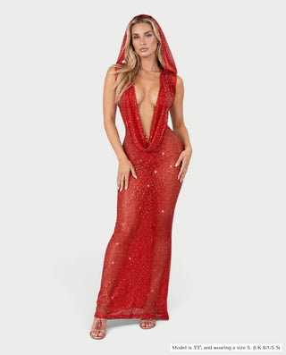 FIAMMA Hooded Sequin Sparkly Deep V-Neck Maxi Dress