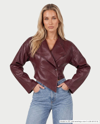 NIVIA Deep V Lapel Cropped Faux Leather Jacket