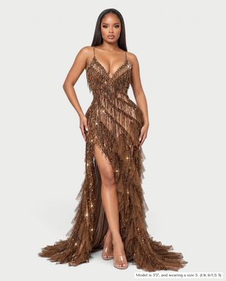 KLARICE High Slit Beaded Fringe Ruffle Maxi Dress