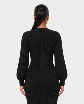 KIVA V-Neck Ribbed Knit Balloon Sleeve Maxi Dress