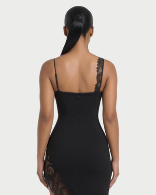 COLLINS Asymmetric Hem Lace Panel Maxi Dress
