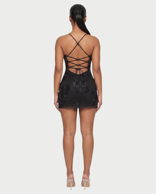 LYSENNE Floral Lace-Up Back Mini Dress