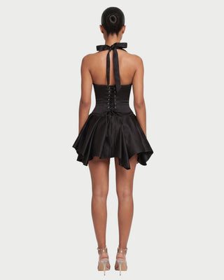 CIENNE Halter Lace-Up Back Handkerchief Mini Dress