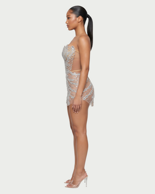 SORVEL Rhinestone Embellished Mesh Mini Dress