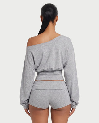 LIRABEL One-Shoulder Long Sleeve Top & Mini Shorts Set