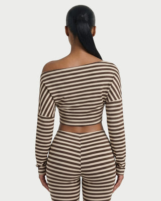 MELVY Off-Shoulder Striped Crop Top & Capri Pants Set