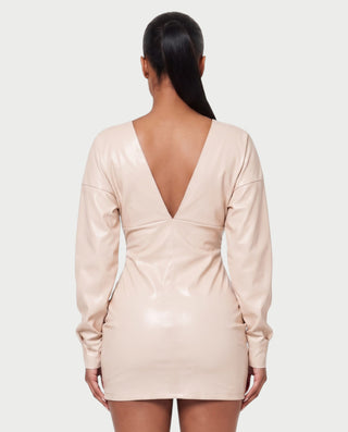 KENNY Faux Leather Plunge V-Neck Long Sleeve Mini Dress
