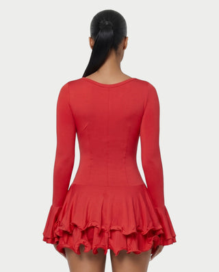 NADIA V-Neck Asymmetric Long Sleeve Ruffle Mini Dress