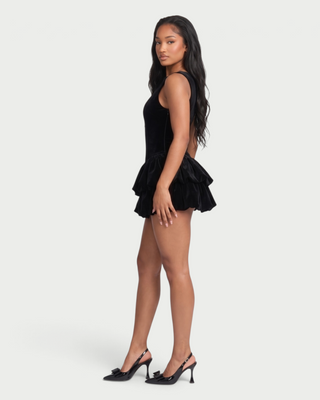 CORRENE Boat Neck Bubble Hem Velvet Mini Dress