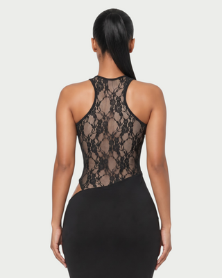 CALSY Sheer Lace Bodice Asymmetric Maxi Dress