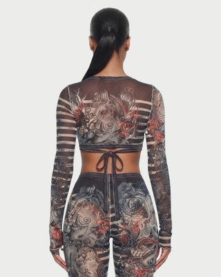 Conjunto de top y pantalón de manga larga con estampado de rayas de malla LAILA