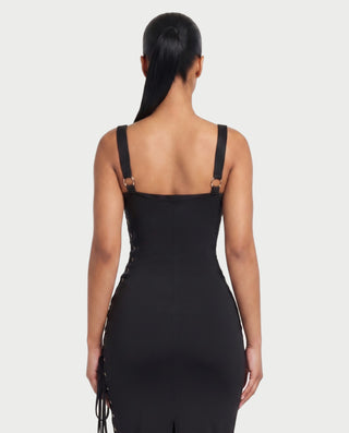 ARMALIA Ruched Lace-Up Side Bodycon Midi Dress