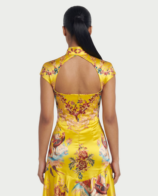 VALENZA Floral Crane Collar Ruffle Hem Mini Dress