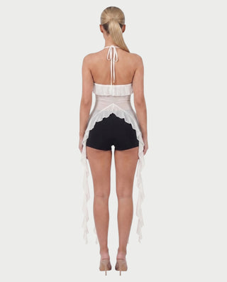 THELMA Sheer Halter Tie-Front Ruffle Top