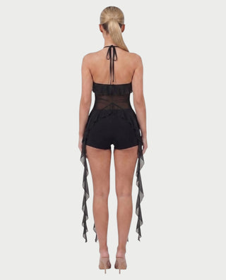 THELMA Sheer Halter Tie-Front Ruffle Top