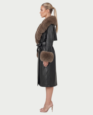 ZAMICA Faux Leather Faux Fur Collar Belted Trench Coat
