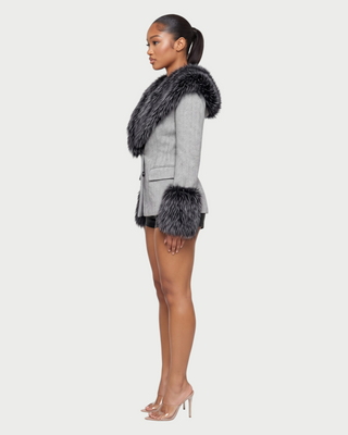 CELINA Faux Fur Trim Herringbone Blazer
