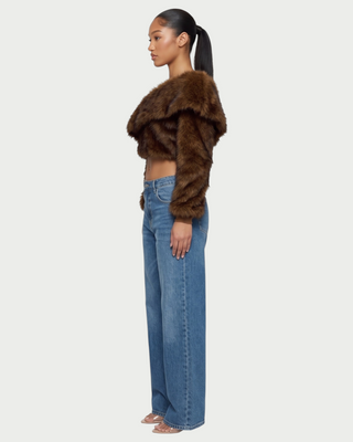 ROUX Faux Fur Off-Shoulder Cropped Jacket