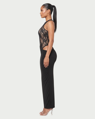 CALSY Sheer Lace Bodice Asymmetric Maxi Dress