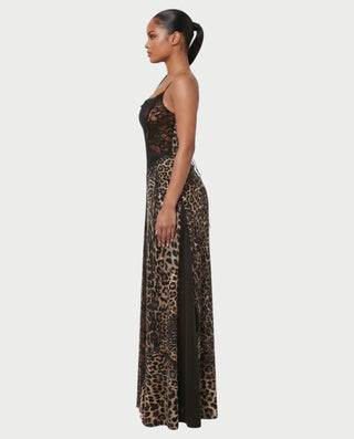 CAITLYN Leopard Print Lace-up Waist Maxi Dress