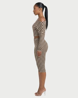 MELVY Off-Shoulder Striped Crop Top & Capri Pants Set