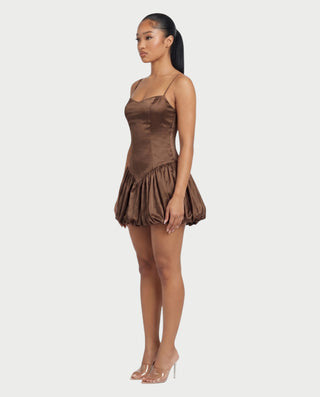 ADRIELA Satin Spaghetti Strap Drop Waist Bubble Mini Dress